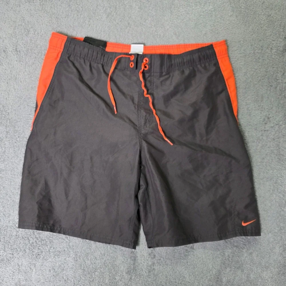 Nike Mens Medium Swim Trunks Grey Orange Colorblock Mesh Lined Board Shorts